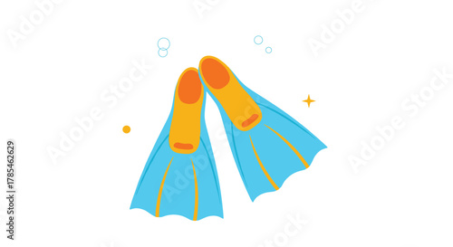 A vibrant pair of blue and orange swimming fins floats playfully amidst small bubbles and sparkling starbursts, signaling aquatic adventure.