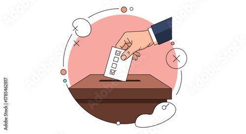 A hand drops a completed ballot paper with checked boxes into a wooden ballot box, symbolizing democratic elections and civic participation.