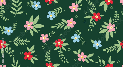 Seamless pattern with stylized pink, red, and blue flowers and light green leaves on a dark green background, perfect for textiles or digital designs.