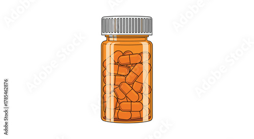 An illustration depicting a medical prescription bottle full of orange capsules, featuring a white child-resistant cap.