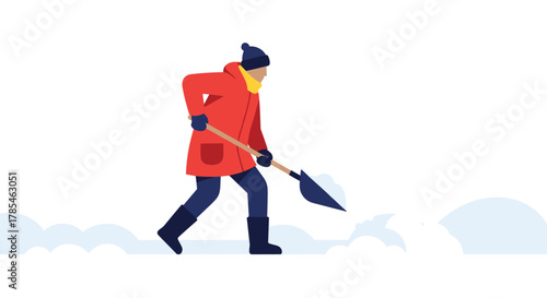 A person in warm winter clothing is diligently shoveling fresh snow from a path or driveway during a cold winter day.