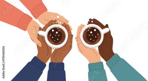 Diverse hands holding cups of hot chocolate with marshmallows, symbolizing warmth, comfort, and togetherness among friends.