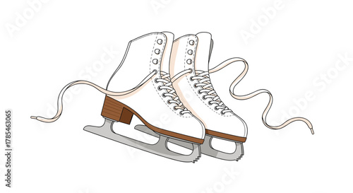 A pair of classic white ice skates with brown heels and untied laces, ready for winter fun and elegant figure skating.