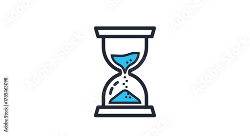 A simple, modern illustration of an hourglass with bright blue sand flowing, representing time, urgency, and the concept of a countdown.