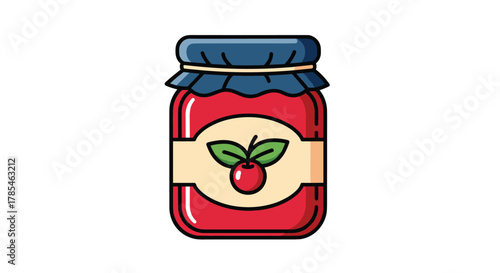 A colorful, flat vector illustration of a red fruit jam jar with a blue lid and a cherry label, perfect for food, cooking, and sweet treat designs.