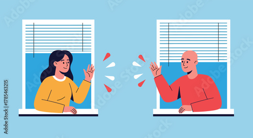 Two people, a woman and a man, happily wave to each other from their home windows, illustrating friendly neighbor interaction.