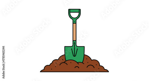A simple cartoon illustration depicts a green shovel standing upright in a mound of brown soil, suggesting gardening or excavation work.