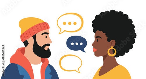 Two diverse individuals, a man and a woman, engage in a conversation, depicted with speech bubbles symbolizing dialogue and interaction.