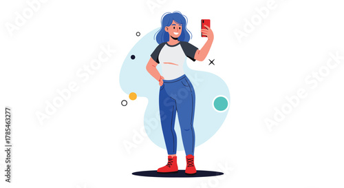 A cheerful young woman with blue hair takes a selfie with her red smartphone, captured in a vibrant cartoon illustration.
