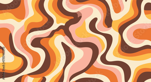 Retro 60s and 70s inspired groovy abstract pattern with warm swirling lines and a vintage color palette.