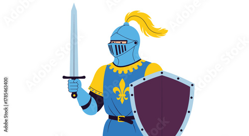 A medieval knight in blue and yellow armor, adorned with a fleur-de-lis, stands ready with a sword and shield.
