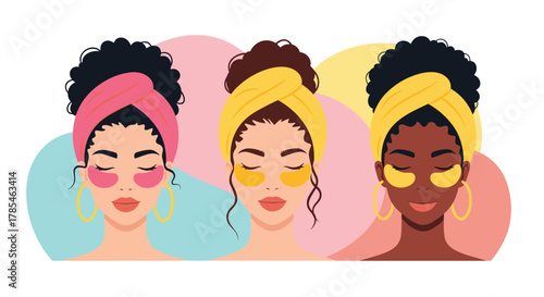 Three diverse women practice self-care with beauty routines, wearing colorful hair turbans and soothing under-eye patches for relaxation.