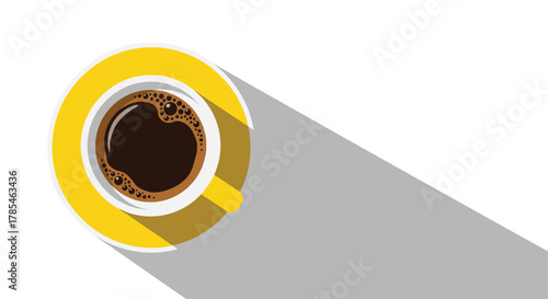 Overhead view of a yellow coffee cup with dark coffee and foam on a saucer, featuring a long shadow in a minimalist flat design.
