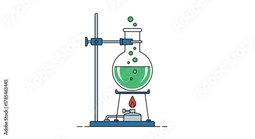 A chemistry experiment setup features a green liquid boiling in a round-bottom flask, secured by a clamp on a retort stand above a Bunsen burner.