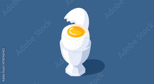 A stylized soft-boiled egg with a cracked shell revealing a golden yolk, served in a white egg cup on a blue background.