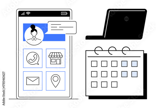 Smartphone screen with user profile, icons for call, email, location, shopping. Adjacent calendar and laptop suggest digital planning, communication. Ideal for productivity, scheduling workplace