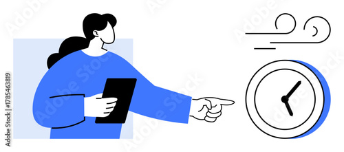 Woman in blue holds a tablet and points at a clock with wind accents. Ideal for time, productivity, urgency, management, deadlines, efficiency, simple flat metaphor