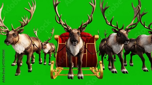 Green Screen VFX Asset with santa sleigh flies front alpha matte christmas reindeer night 3d rendering animation 4k distortion, overlay, glitch, static noise, scan lines on black background, animated