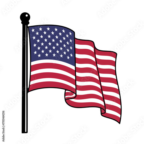 Colorful, flat graphic illustration of the United States flag (Stars and Stripes) waving on a flagpole, with prominent red, white, and blue colors.