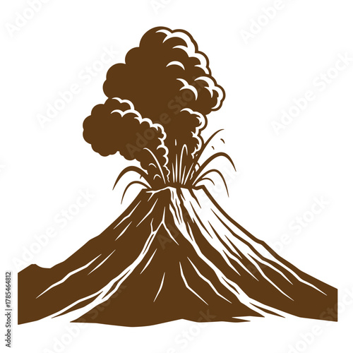 A classic vintage art illustration depicting an erupting volcano with smoke and details