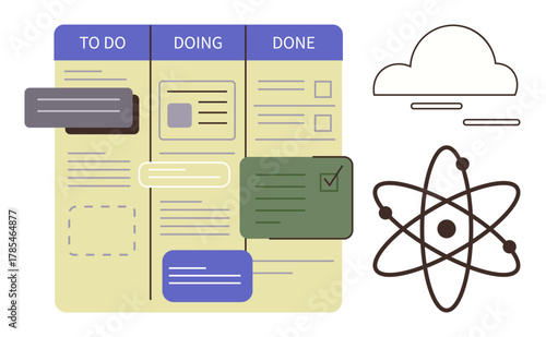 Kanban board with tasks in columns labeled To Do, Doing, Done. Includes cloud and atom icons. Ideal for project management, productivity, brainstorming, teamwork, analysis strategy simple flat