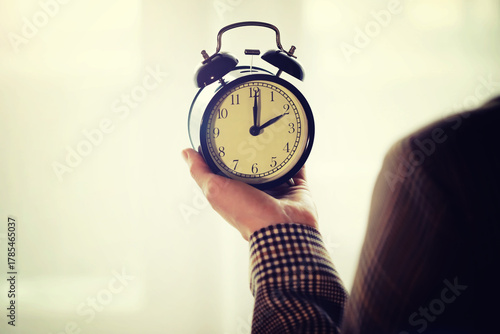 A young woman in a stylish suit holds an alarm clock in her hands. The concept of the end of the working day. Studio shooting on a white background.