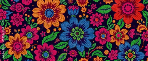 Intricate pixelated floral songket pattern in vibrant hues, ideal for textile design, ethnic, heritage