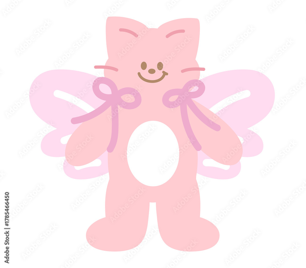 Obraz premium Cute illustration of pink cat with butterfly wings, pink ribbon for animal decoration, kitten cartoon, cat drawing, pet shop, vet, characters, comic, mascot, patch, brooch, foster home, adopt cat