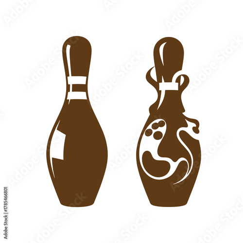 Brown bowling pin illustrations with a vintage art aesthetic for sports and leisure designs