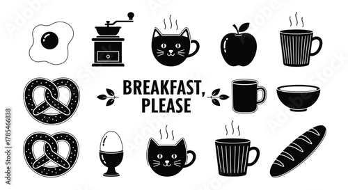 Breakfast food vector illustration set with egg coffee and pretzel art