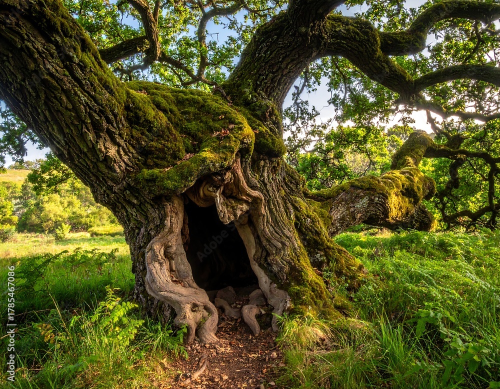 Obraz premium A grand, moss-covered tree with a hollowed trunk in a sunlit meadow