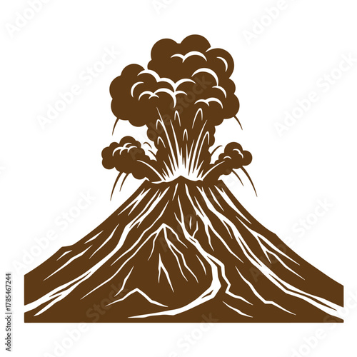 Brown erupting volcano illustration with clouds and fire elements in a vintage art style