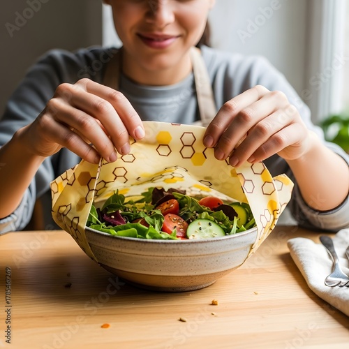 A person preparing a fresh vegetable salad in a rustic bowl, with hands gently holding the paper lining, in a cozy kitchen setting with natural light