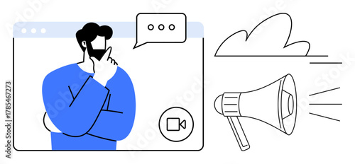 Person contemplating in video call interface with speech bubble and megaphone highlighting connection. Ideal for communication, brainstorming, expression, digital outreach, content sharing