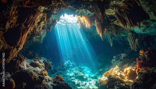 Fototapeta Naklejka Na Ścianę i Meble -  Sunlit underwater cavern reveals a coral reef ecosystem bathed in beams of light cascading from an opening