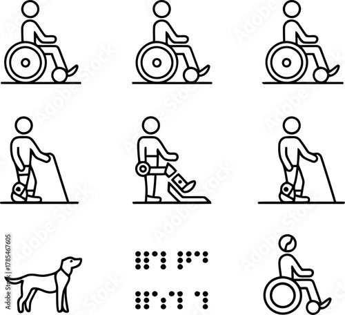 Disability icons person in wheelchair blind person with cane prosthetic leg and guide dog