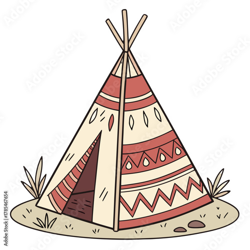 A colorful illustrated Teepee tent with tribal patterns