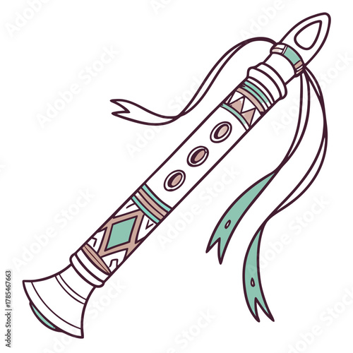 A decorated ceremonial flute on a black background