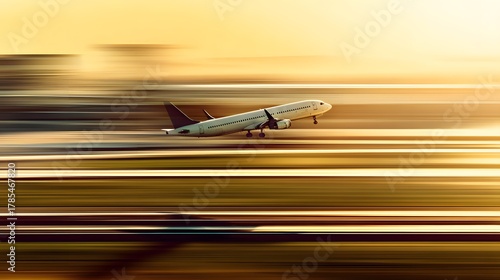 aerodynamics. Commercial airplane taking off with motion blur and golden sunset lighting. inspiring travel planning, mobility guides, designed for mobility and urban transit guides.