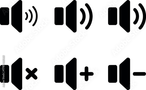 Six black speaker volume icons on white background sound audio