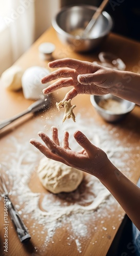Close-up of hands preparing dough in a kitchen with baking tools and ingredients on a wooden surface for baking bread or pastries
