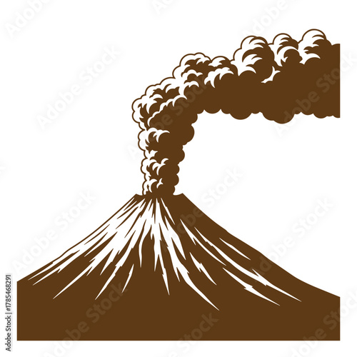 Brown volcano erupting smoke in a vintage art style illustrating natural disaster on white background