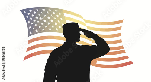 Silhouette of a soldier saluting the American flag, symbolizing patriotism and military service.