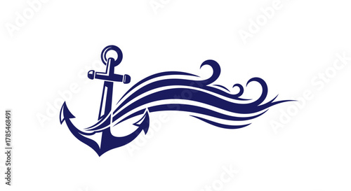 A dark blue nautical anchor symbol with stylized ocean waves flowing outwards on a white background.