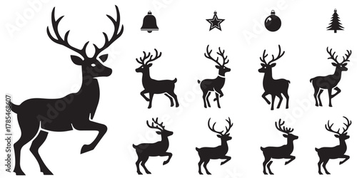 Christmas reindeer shape set collection pack black icon silhouette vector flat illustration design on white background