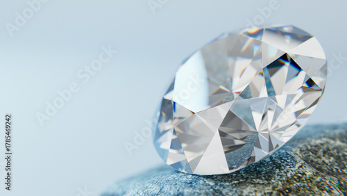 brilliant luxury diamond resting on a rough stone, macro close-up with copy space on a light background. 3d rendering