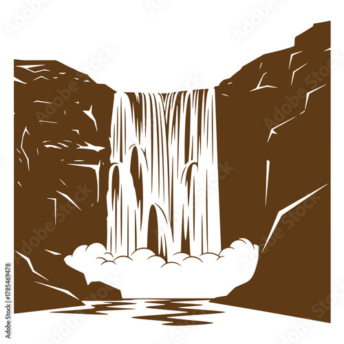 Dramatic vector illustration of a beautiful waterfall cascading down rocky cliffs