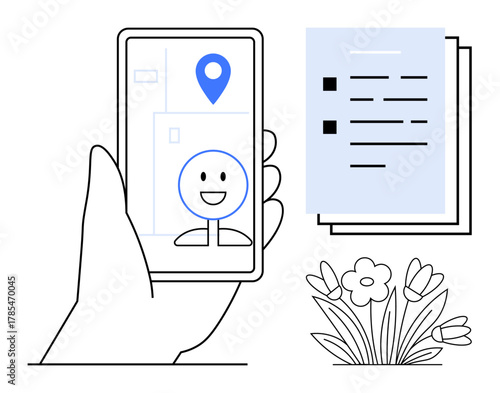 Hand holding phone showing map pin and user avatar, accompanied by text document and blooming flowers. Ideal for navigation, communication, outdoor activity, document management, technology