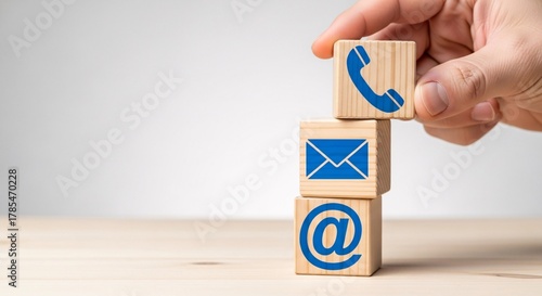 Contact Us Phone, Email, and Address Icons on Wooden Blocks - Communication Concept