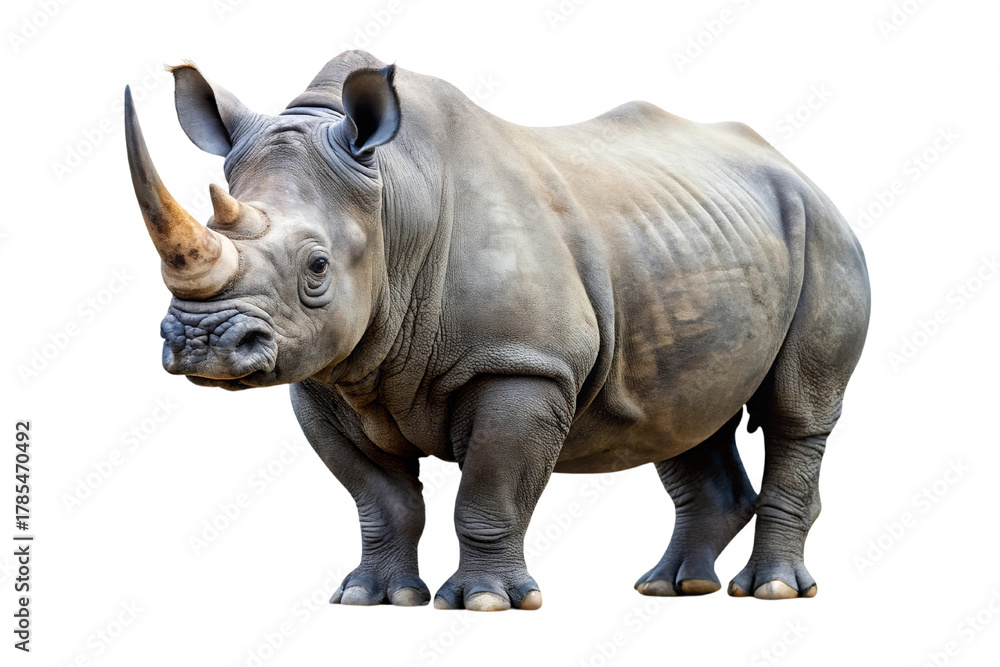 Fototapeta premium Majestic black rhinoceros standing proudly with a prominent horn isolated on transparent background